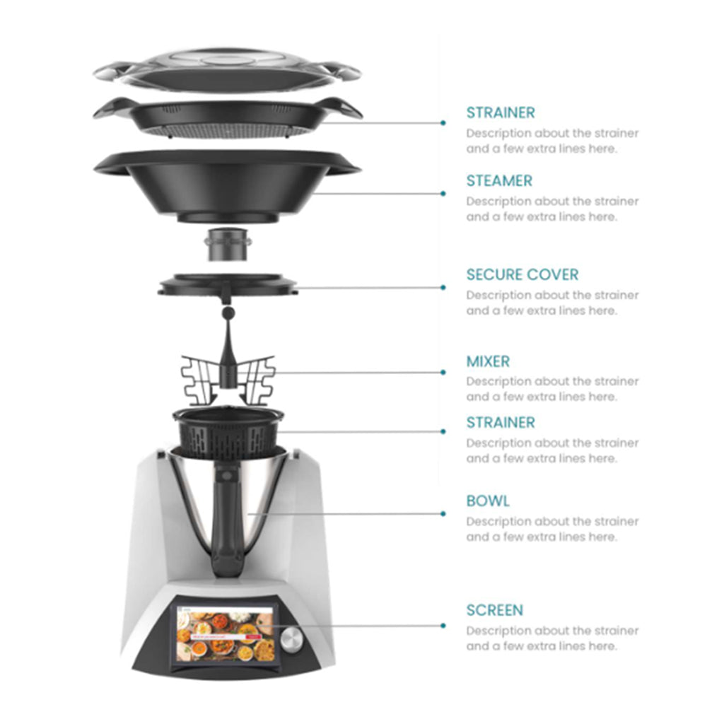 Robot de cuisine multifonction / acier inoxydable / WLAN / 12 vitesses / 37°c - 160°c / Programmable / recettes préinstallées / agitateur